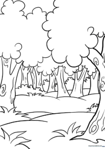 Black and white line art of a cartoon forest featuring various trees and bushes, designed for children to color.