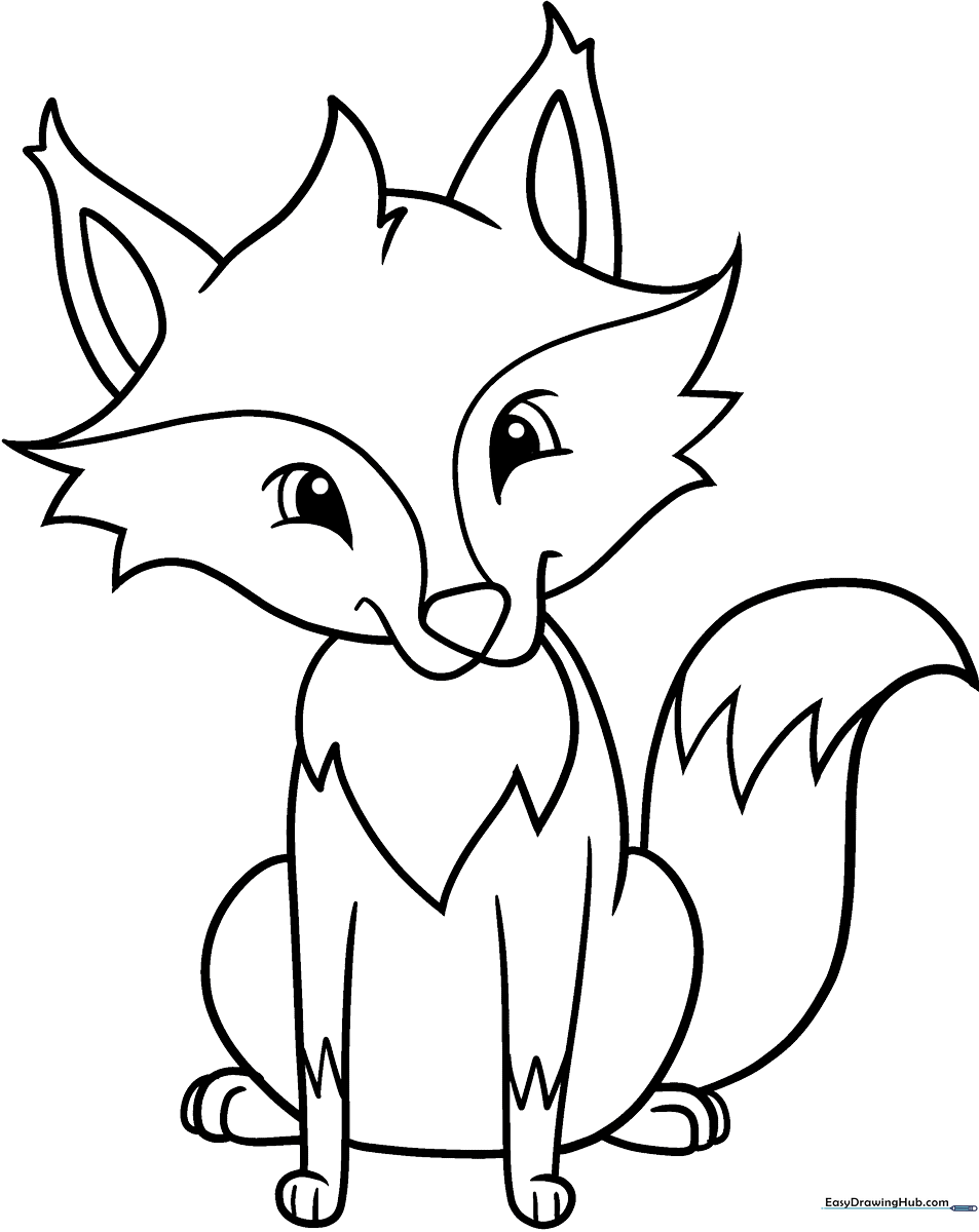 Black and white line art of a smiling cartoon fox with a bushy tail, designed for children to color with markers or crayons.