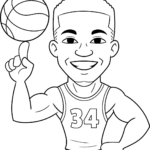 Cartoon illustration of Giannis Antetokounmpo in a basketball uniform with bold outlines, ready for coloring.