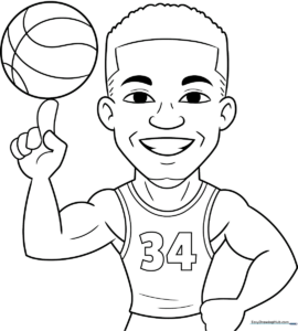 Cartoon illustration of Giannis Antetokounmpo in a basketball uniform with bold outlines, ready for coloring.