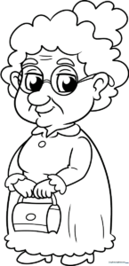 Black and white line art of a friendly cartoon grandmother wearing glasses and a sweater, ready for children to color.