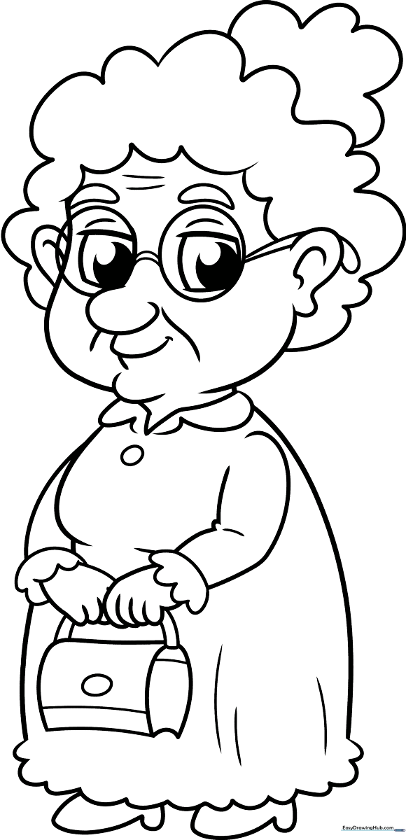 Black and white line art of a friendly cartoon grandmother wearing glasses and a sweater, ready for children to color.