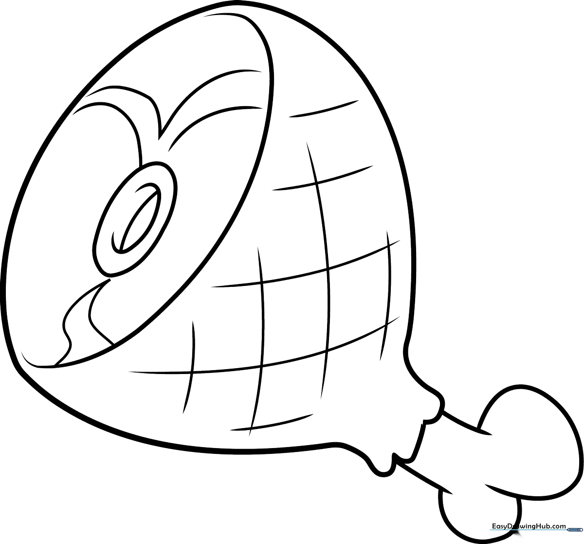 Black and white line art of a cartoon ham with a bone handle, featuring clean outlines suitable for coloring with crayons or markers.