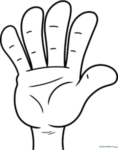 Black and white line art of a friendly cartoon hand with four fingers and a thumb, featuring bold outlines for easy coloring by children.