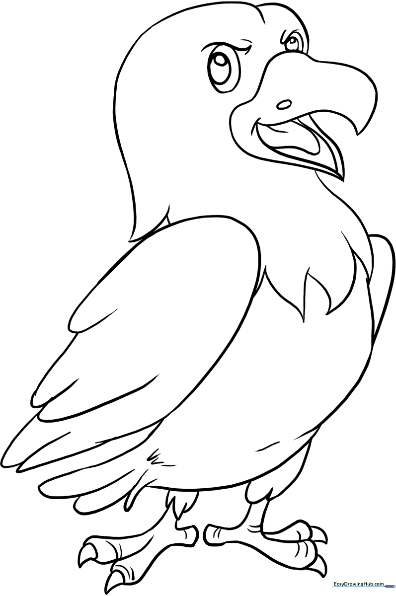 Black and white line art of a friendly cartoon hawk with large eyes and folded wings, designed for children to color.