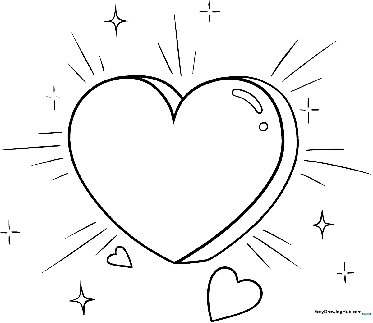 A clean, bold-lined cartoon heart illustration on a white background, designed for easy coloring by young children.