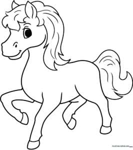 Black and white line art of a friendly cartoon horse with a flowing mane and tail, designed for children to color.