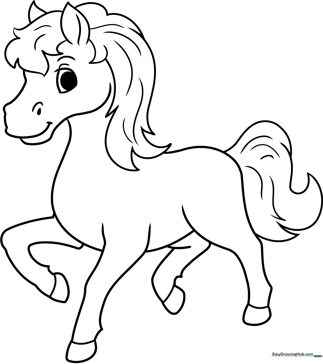 Black and white line art of a friendly cartoon horse with a flowing mane and tail, designed for children to color.