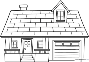 A simple, friendly cartoon house outline with a chimney, windows, and a door, designed for children to color with crayons or markers.