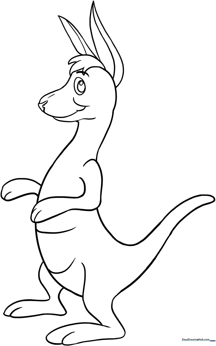 A friendly cartoon kangaroo standing upright with a pouch, featuring bold outlines for easy coloring by children.
