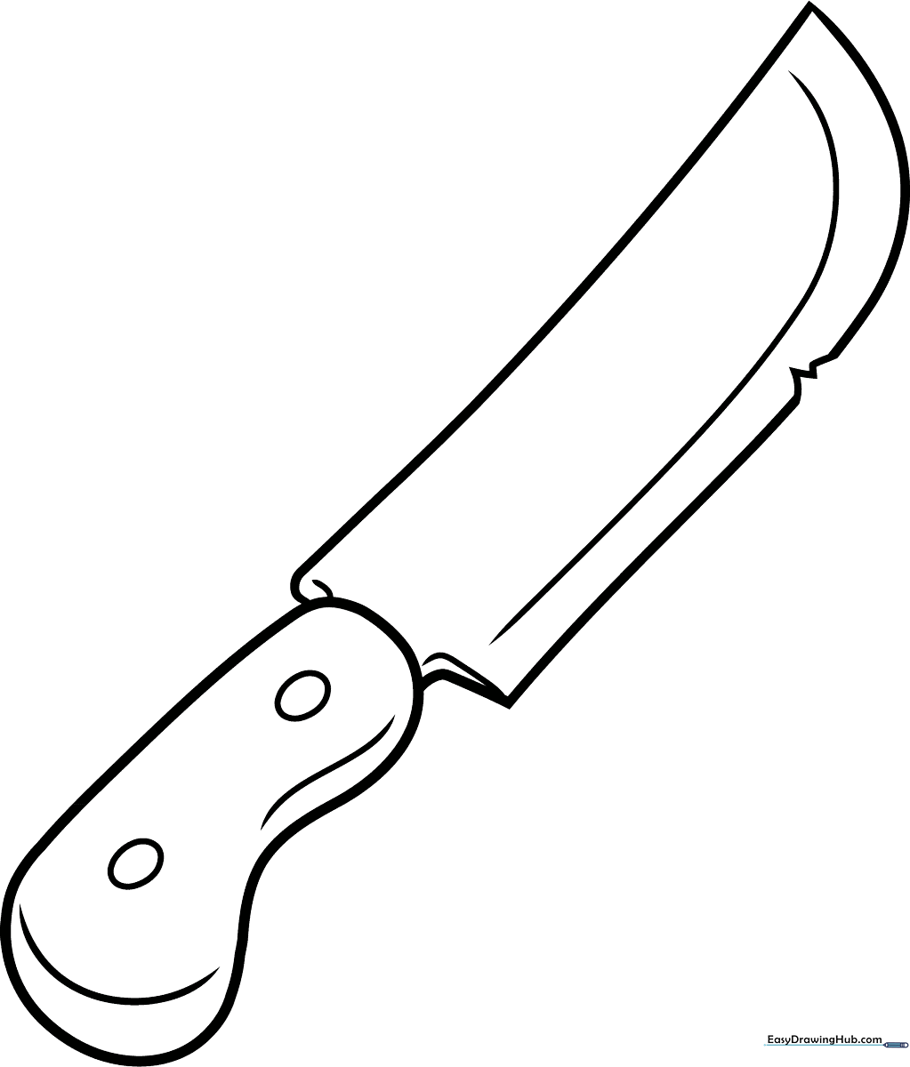 A clean, black-and-white line art illustration of a cartoon-style kitchen knife with a rounded handle, designed for children to color.