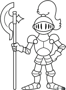 Black and white line art of a friendly cartoon knight standing in armor, suitable for children's coloring activities.