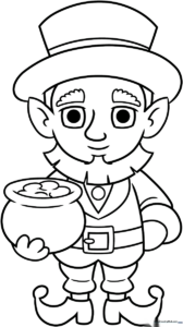 A friendly cartoon leprechaun with a tall hat and buckled shoes, featuring bold outlines perfect for children to color with markers or crayons.