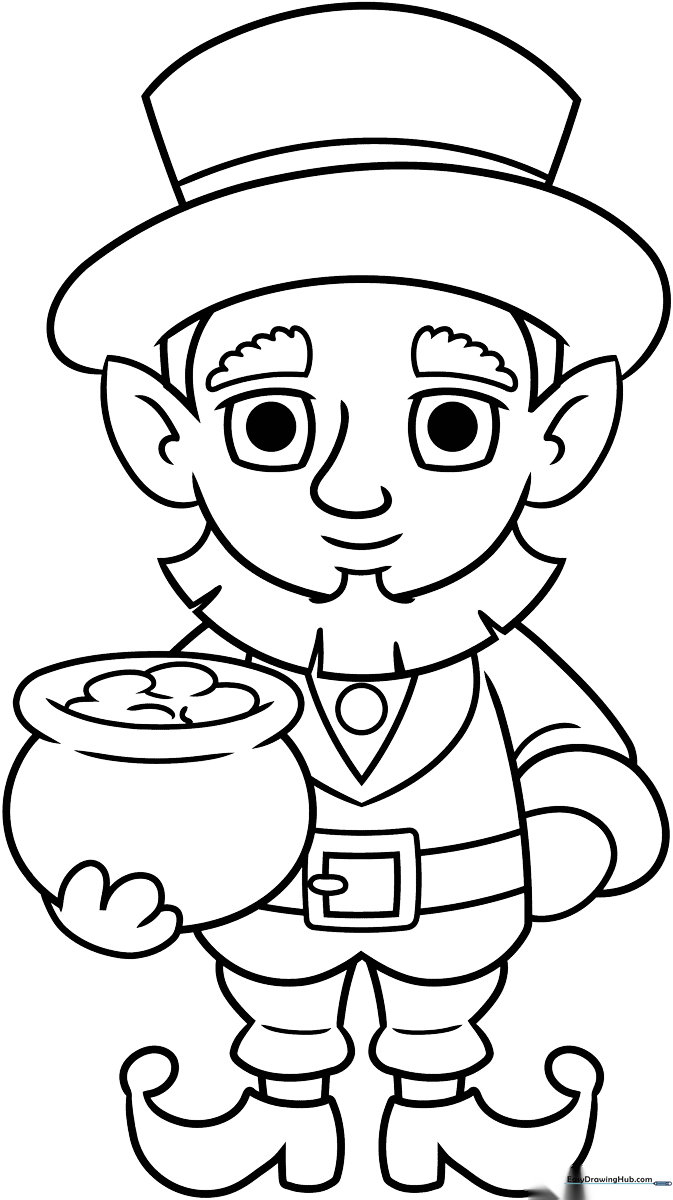 A friendly cartoon leprechaun with a tall hat and buckled shoes, featuring bold outlines perfect for children to color with markers or crayons.