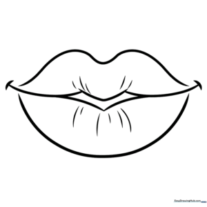 Black and white line art of a pair of cartoon lips with a slight smile, designed for children to color.