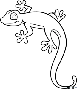 A friendly cartoon lizard with large eyes and a curled tail, featuring thick, clear outlines for easy coloring by young children.