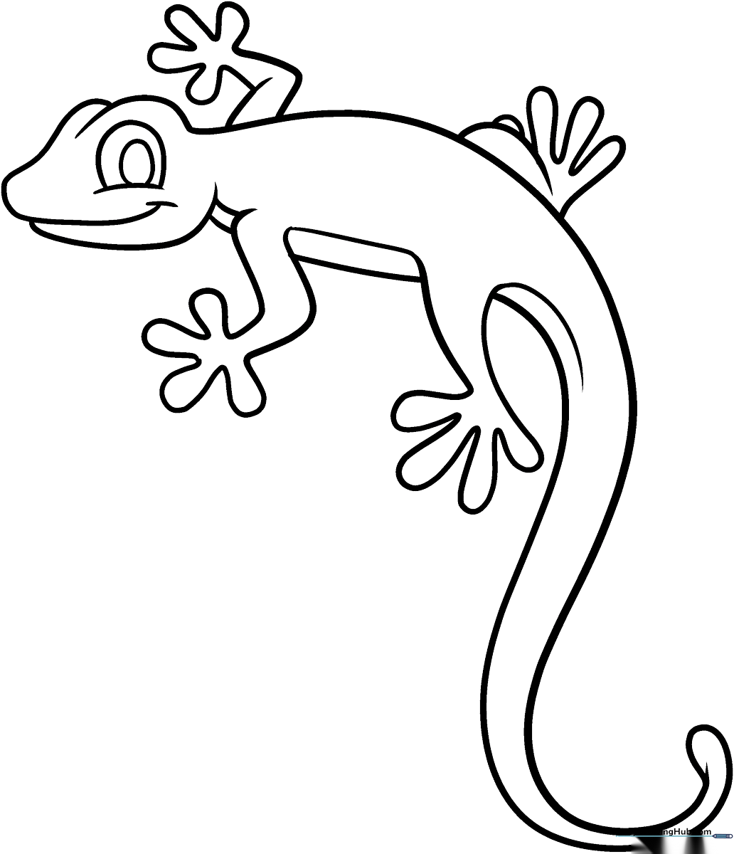A friendly cartoon lizard with large eyes and a curled tail, featuring thick, clear outlines for easy coloring by young children.