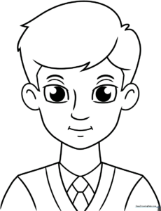 A clean, black-and-white line art illustration of a friendly cartoon man standing, designed for children to color with markers or crayons.