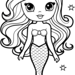 Black and white line art of a friendly cartoon mermaid with flowing hair and a detailed tail, designed for children to color.