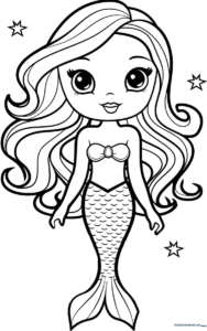 Black and white line art of a friendly cartoon mermaid with flowing hair and a detailed tail, designed for children to color.