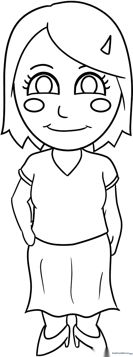 Black and white line art of a friendly cartoon mother character, designed for children to color with markers or crayons.