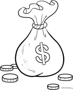 Black and white line art of a cartoon money bag with a dollar sign, featuring clear outlines for easy coloring by children.