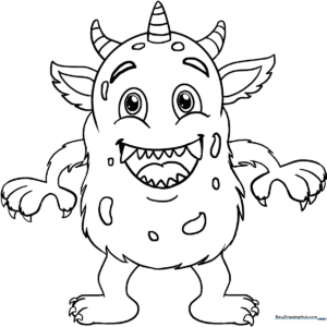 A friendly cartoon monster with large expressive eyes and a wide grin, featuring clean, bold outlines perfect for young children to color.