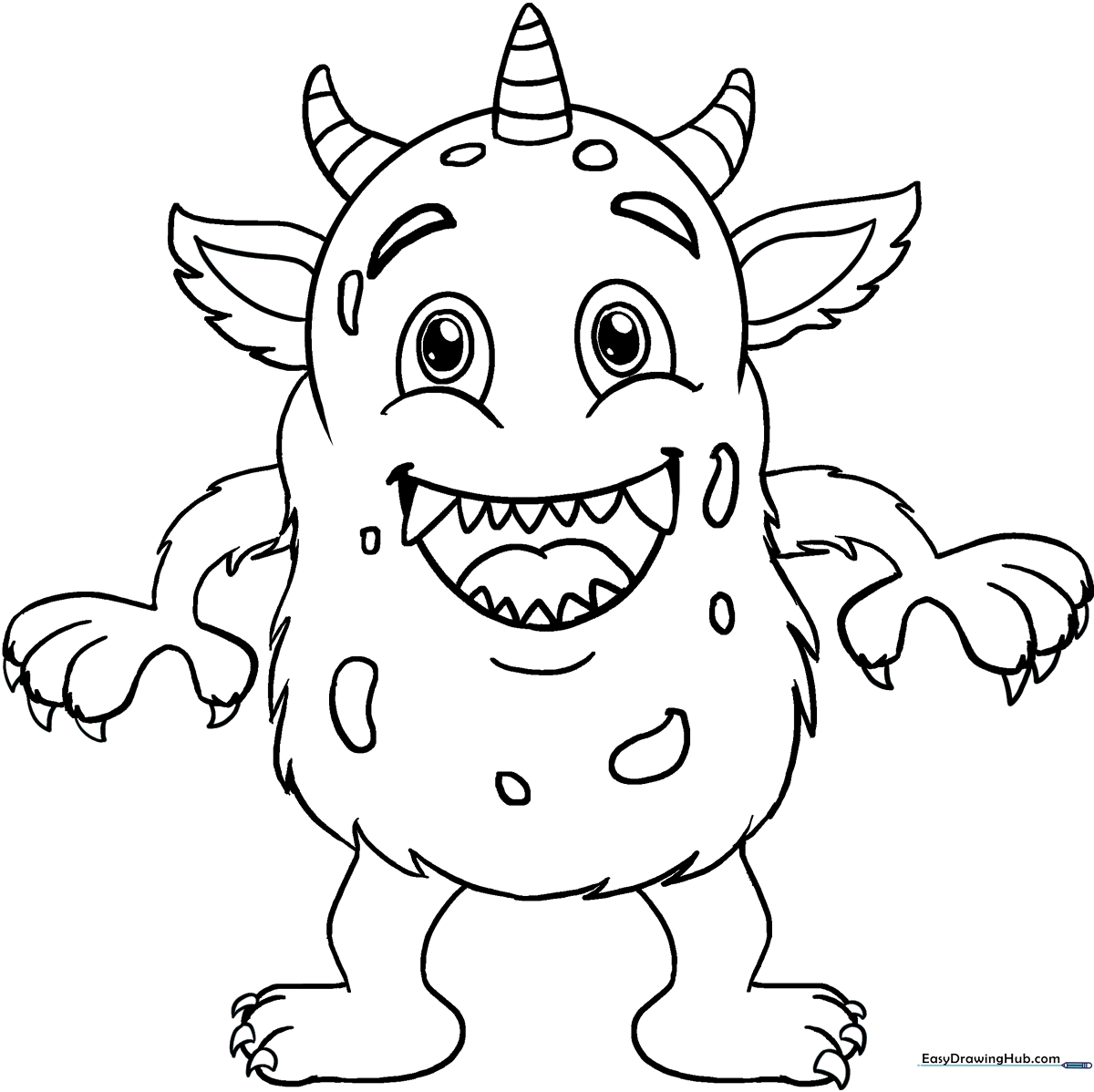 A friendly cartoon monster with large expressive eyes and a wide grin, featuring clean, bold outlines perfect for young children to color.
