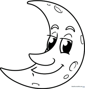 A cheerful cartoon moon with a friendly face and craters, featuring clean, bold outlines for easy coloring by children.