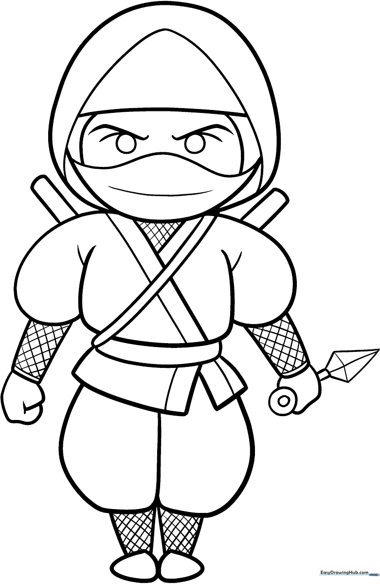 Black and white line art of a cartoon ninja in a classic stance, featuring bold outlines for easy coloring by children.