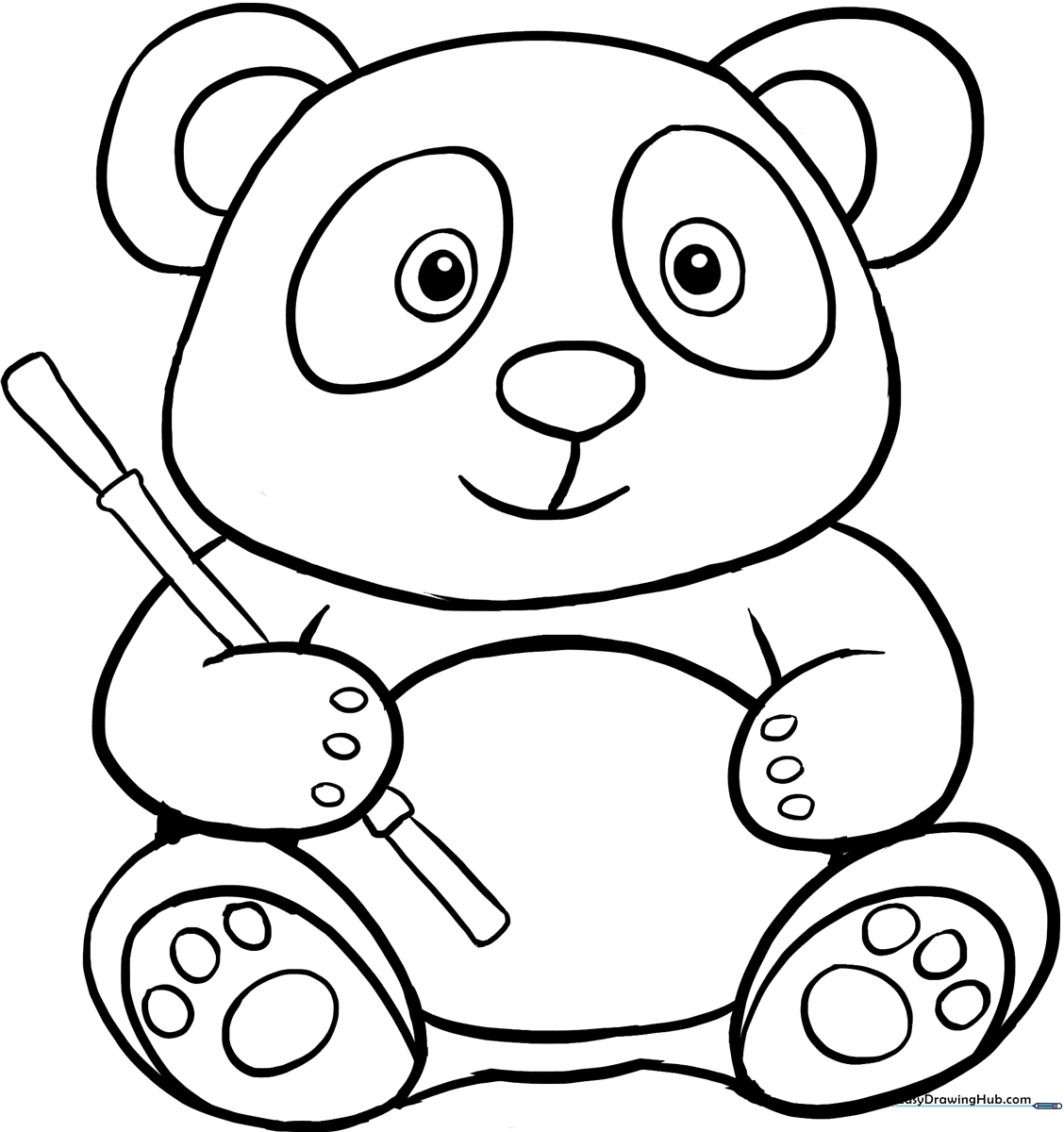 Black and white line art of a sitting cartoon panda with large eyes and a friendly expression, ready for coloring.