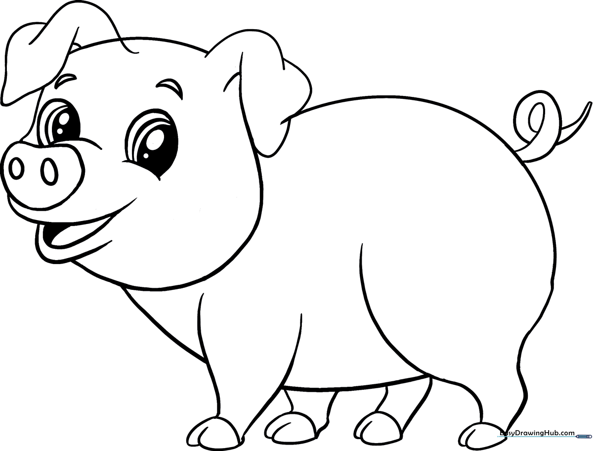 A friendly cartoon pig with a round snout and smiling expression, featuring thick, clear outlines for easy coloring by young children.