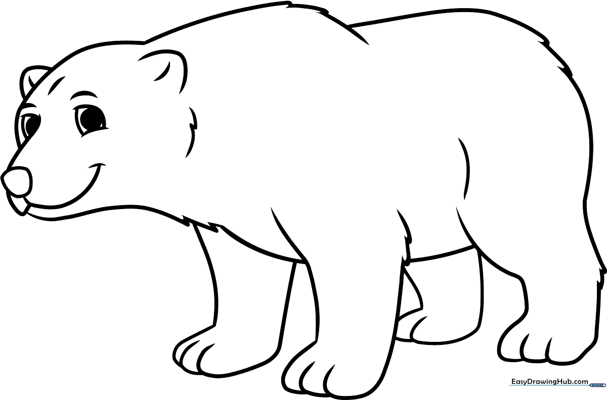 A friendly cartoon polar bear with a round head and smiling face, outlined in thick black lines for easy coloring by children.