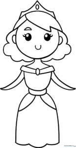 Black and white line art of a friendly cartoon princess with a flowing gown, ready for children to color with crayons or markers.
