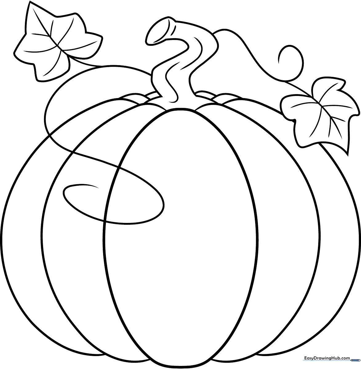 Black and white line art of a smiling cartoon pumpkin with a stem and leaf, ready for children to color.