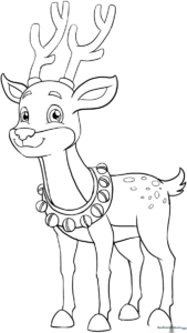 Black and white line art of a friendly cartoon reindeer with large antlers, ready for children to color with crayons or markers.