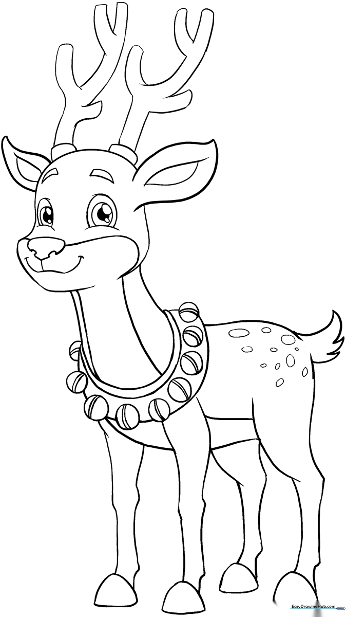 Black and white line art of a friendly cartoon reindeer with large antlers, ready for children to color with crayons or markers.