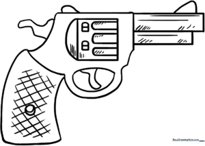 A clean, black-and-white line art illustration of a cartoon revolver with a rounded handle and clear barrel, designed for children to color.