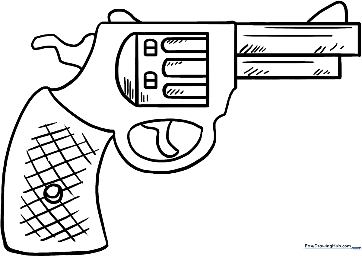 A clean, black-and-white line art illustration of a cartoon revolver with a rounded handle and clear barrel, designed for children to color.