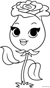 Black and white line art of a smiling cartoon rose with large petals and a friendly face, ready for coloring.