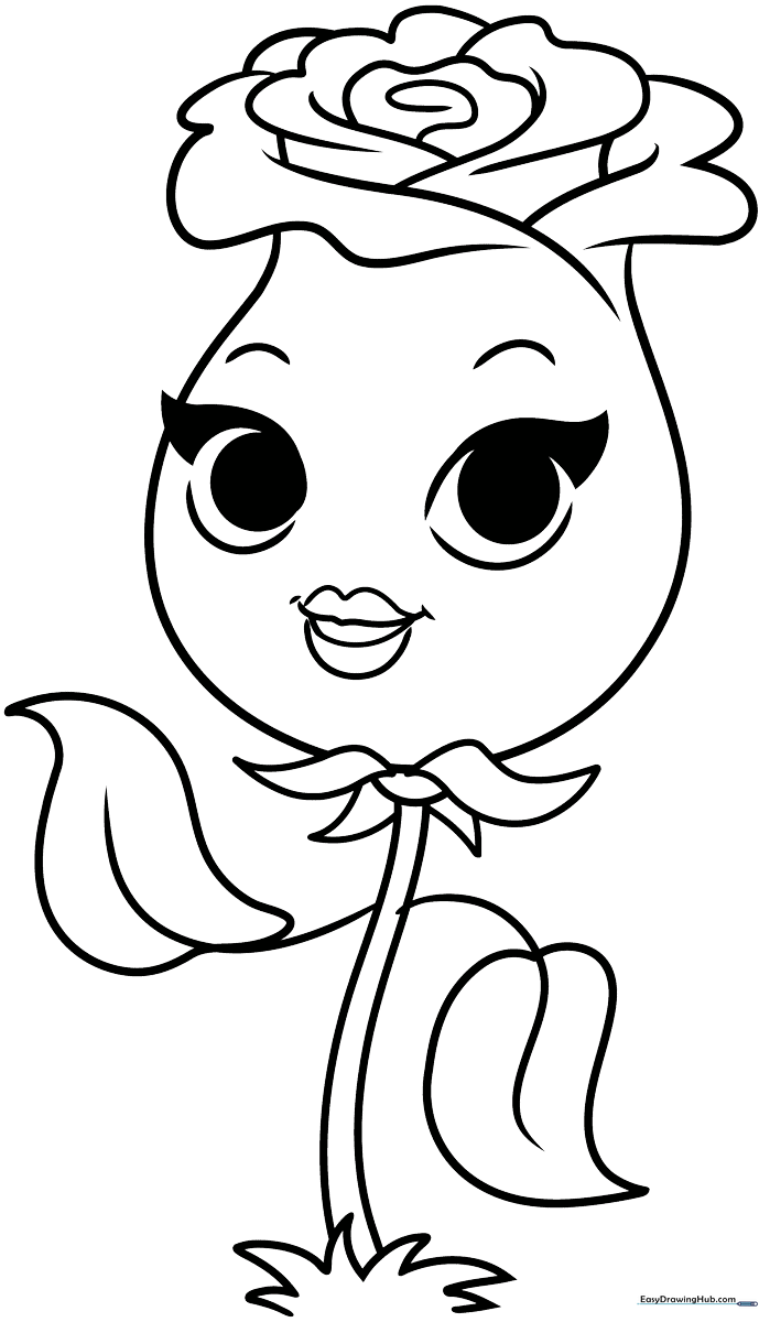 Black and white line art of a smiling cartoon rose with large petals and a friendly face, ready for coloring.