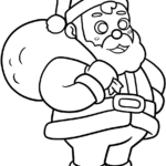 A friendly cartoon Santa Claus with a fluffy beard and hat, outlined in bold black lines on a white background, ready for children to color.
