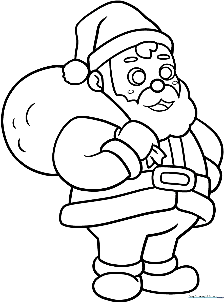 A friendly cartoon Santa Claus with a fluffy beard and hat, outlined in bold black lines on a white background, ready for children to color.