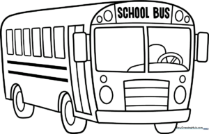 A friendly cartoon school bus with large windows and a smiling front grille, featuring bold outlines for easy coloring by young children.