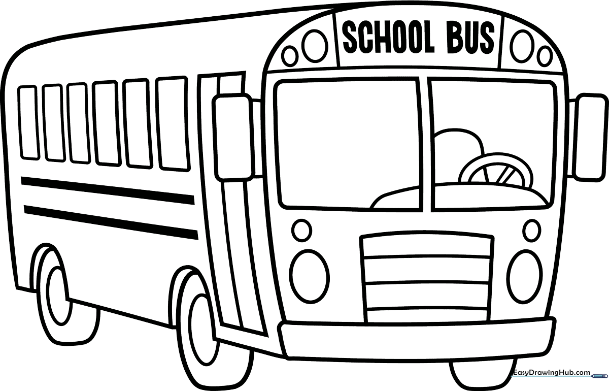 A friendly cartoon school bus with large windows and a smiling front grille, featuring bold outlines for easy coloring by young children.