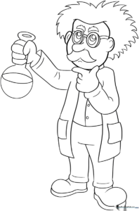 Line art of a friendly cartoon scientist wearing a lab coat and goggles, ready for coloring.