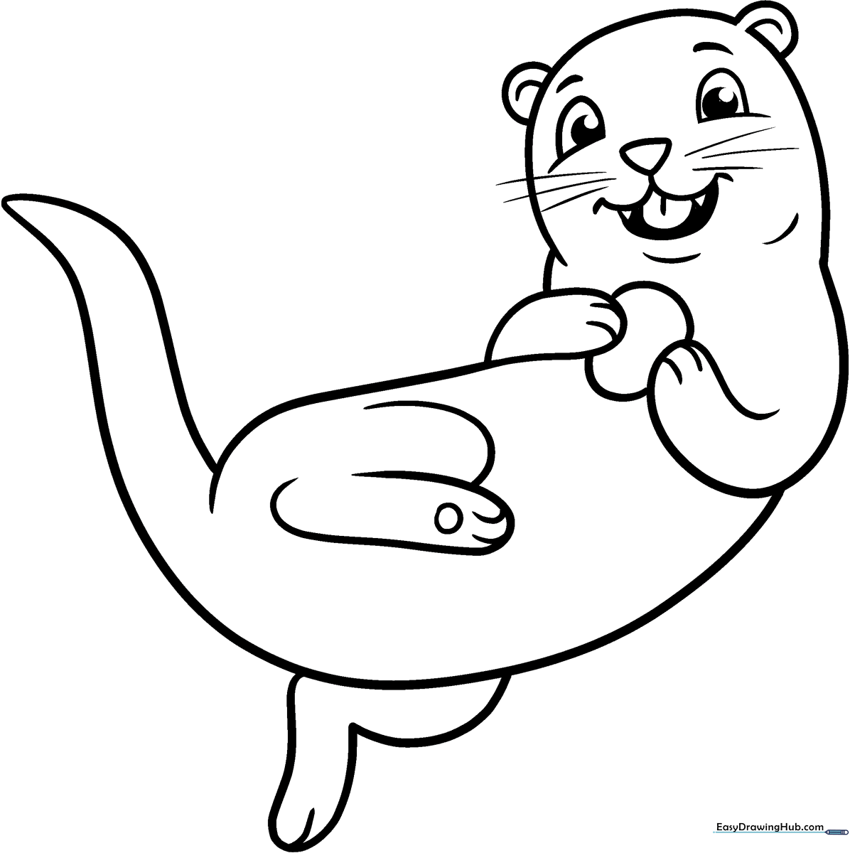 Black and white line art of a smiling cartoon sea otter floating, designed for children to color with crayons or markers.