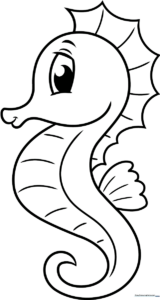 Black and white line art of a cute cartoon seahorse with a curled tail and friendly eyes, ready for coloring.