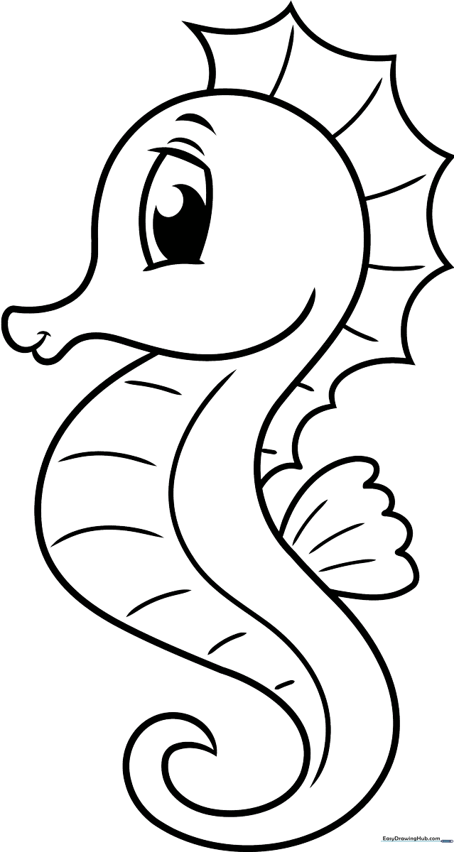Black and white line art of a cute cartoon seahorse with a curled tail and friendly eyes, ready for coloring.