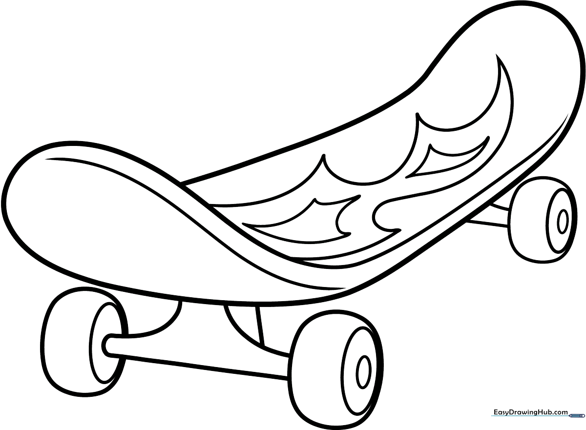 Black and white line art of a cartoon skateboard with bold outlines, ready for kids to color with crayons or markers.